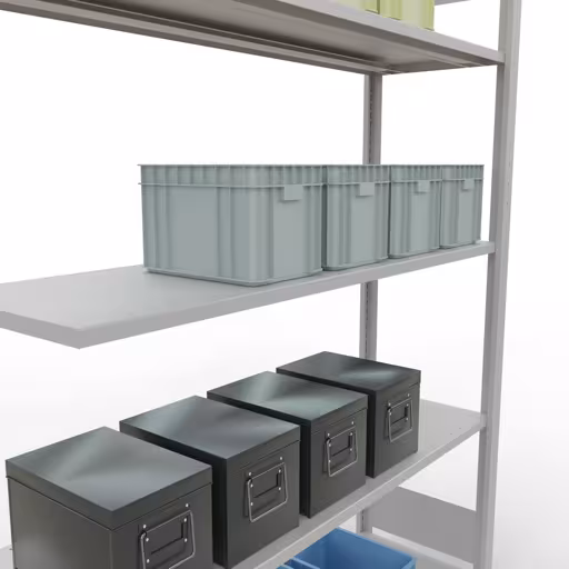 Produktbild Nr.7 des Artikels Anbauregal, Fachbodenregal Stecksystem MULTIplus150, 2000 x 1300 x 400 mm (HxBxT), 5 Fachböden, Längenriegel, RAL 7035 lichtgrau aus der Produktreihe Stecksystem von der Marke Schulte Lagertechnik