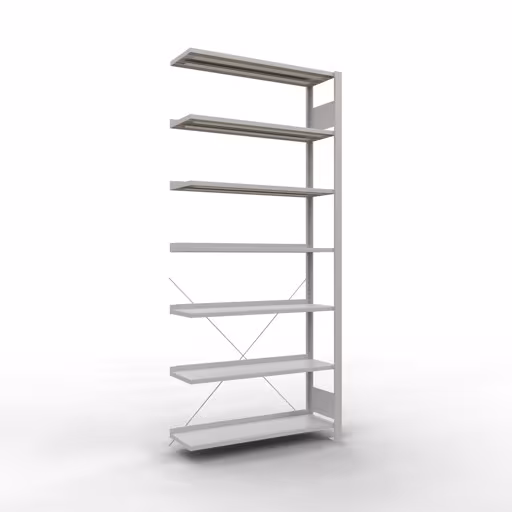 Anbauregal, Büro-Fachbodenregal Stecksystem MULTIplus85, 2300 x 1000 x 300 mm (HxBxT), 7 Fachböden, Kreuzstrebe, mit Anschlagleiste, lichtgrau von der Marke Schulte Lagertechnik Anbauregal, Büro-Fachbodenregal Stecksystem MULTIplus85, 2300 x 1000 x 300 mm (HxBxT), 7 Fachböden, Kreuzstrebe, mit Anschlagleiste, lichtgrau aus der Kategorie Stecksystem mit der Artikelnummer 36016