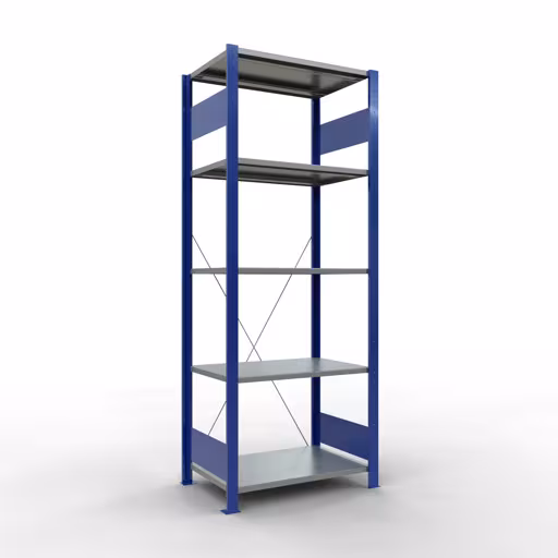 Grundregal, Fachbodenregal Stecksystem MULTIplus150, 2000 x 750 x 500 mm (HxBxT), 5 Fachböden, Kreuzstrebe, RAL 5010 enzianblau/verzinkt/verzinkt aus der Kategorie Grundregal mit der Artikelnummer 12750-75-B