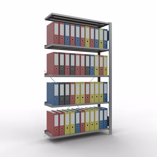 Anbauregal, Büro-Fachbodenregal Stecksystem MULTIplus85, 1800 x 1000 x 300 mm (HxBxT), 5 Fachböden, Kreuzstrebe, verzinkt, mit Anschlagleiste von Schulte Lagertechnik mit der Artikelnr. 17704