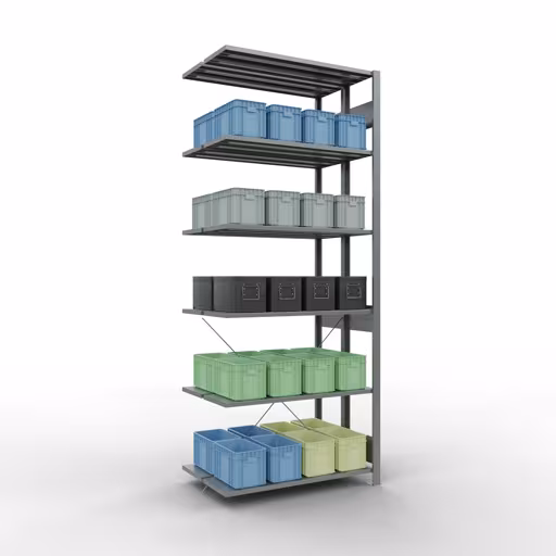 Produktbild Nr 15 des Artikels Anbauregal, Doppelregal, Fachbodenregal Stecksystem MULTIplus150, 2500 x 1000 x (2x300) mm (HxBxT), 2x6 Fachböden, Kreuzstrebe, verzinkt Abbildung Nr 15 des Artikels Anbauregal, Doppelregal, Fachbodenregal Stecksystem MULTIplus150, 2500 x 1000 x (2x300) mm (HxBxT), 2x6 Fachböden, Kreuzstrebe, verzinkt aus der Produktgruppe Fachbodenregale von der Marke Schulte Lagertechnik