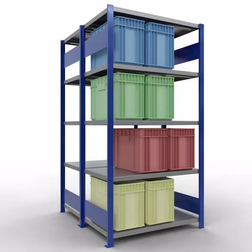 Zusatzbild des Artikels Grundregal, Doppelregal, Fachbodenregal Stecksystem MULTIplus250, 2000 x 1000 x (2x600) mm (HxBxT), 2x5 Fachböden, Längenriegel, RAL 5010 enzianblau aus Doppelregale