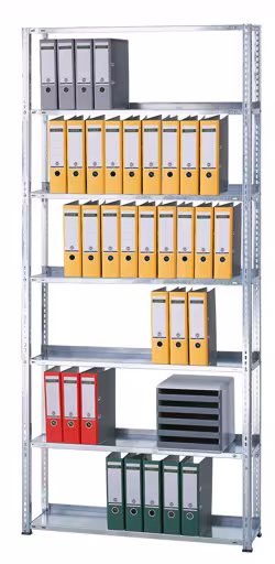 Grundregal, Büro-Fachbodenregal Schraubsystem MULTIplus85, 2300 x 750 x 300 mm (HxBxT), 6 Fachböden, verzinkt, mit Anschlagleiste aus der Kategorie Schraubsystem mit der Artikelnummer 10457