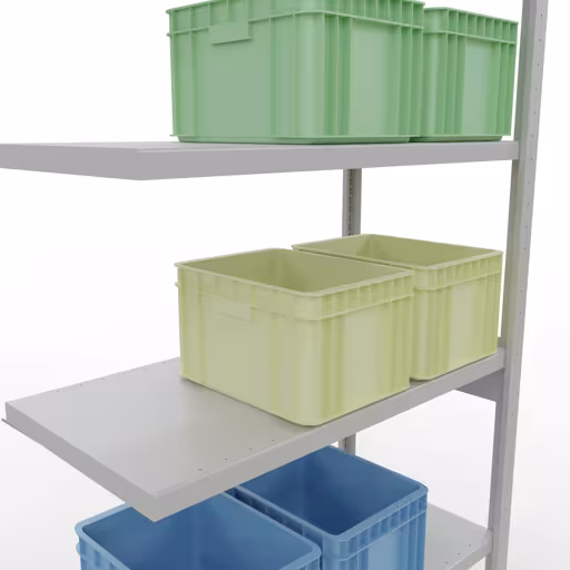 Andere Ansicht des Artikels Anbauregal, Fachbodenregal Stecksystem MULTIplus250, 2500 x 1000 x 500 mm (HxBxT), 6 Fachböden, Kreuzstrebe, RAL 7035 lichtgrau aus der Kategorie Stecksystem