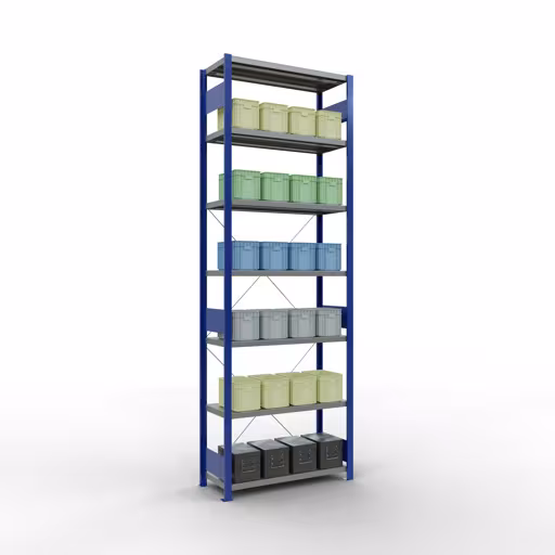 Grundregal, Fachbodenregal Stecksystem MULTIplus250, 3000 x 1000 x 400 mm (HxBxT), 7 Fachböden, Kreuzstrebe, RAL 5010 enzianblau/verzinkt von Schulte Lagertechnik mit der Artikelnr. 12942-B