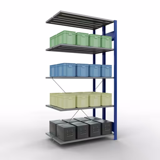 Zusatzbild des Artikels Anbauregal, Doppelregal, Fachbodenregal Stecksystem MULTIplus150, 2000 x 1000 x (2x300) mm (HxBxT), 2x5 Fachböden, Kreuzstrebe, RAL 5010 enzianblau aus Doppelregale