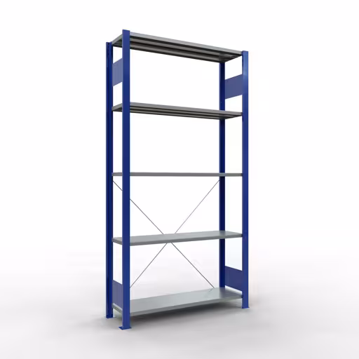 Grundregal, Fachbodenregal Stecksystem MULTIplus150, 2000 x 1000 x 300 mm (HxBxT), 5 Fachböden, Kreuzstrebe, RAL 5010/verzinkt aus der Kategorie Grundregal mit der Artikelnummer 12630-B