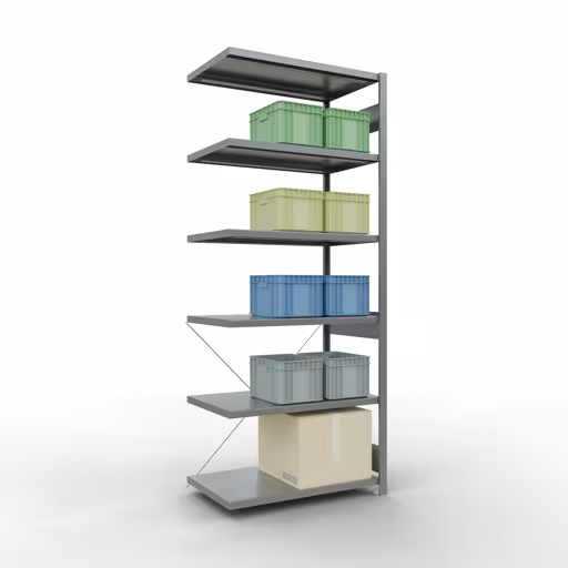 Anbauregal, Fachbodenregal Stecksystem MULTIplus330, 2500 x 1000 x 600 mm (HxBxT), 6 Fachböden, Kreuzstrebe, verzinkt von Schulte Lagertechnik mit der Artikelnr. 13966