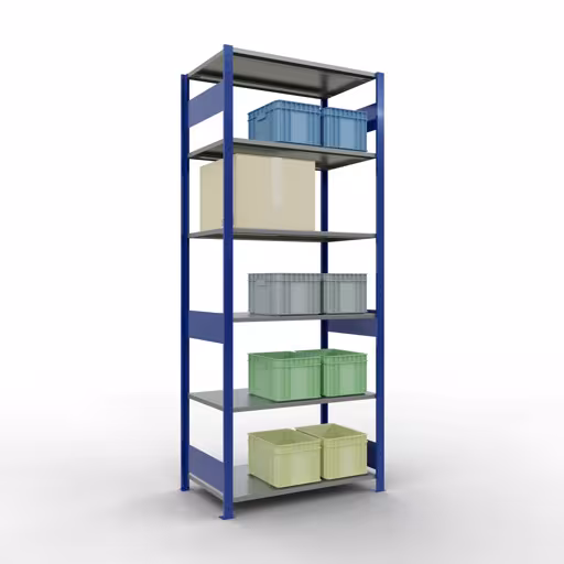 Grundregal, Fachbodenregal Stecksystem MULTIplus85, 2500 x 1000 x 600 mm (HxBxT), 6 Fachböden, Längenriegel, RAL 5010 enzianblau von Schulte Lagertechnik mit der Artikelnr. 13161-LR-B
