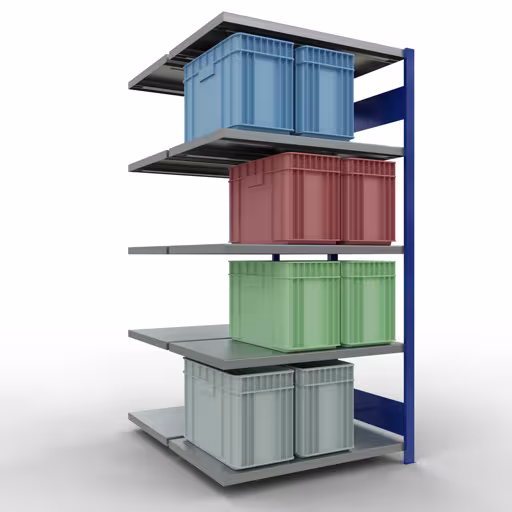Produktbild Nr.14 des Artikels Anbauregal, Doppelregal, Fachbodenregal Stecksystem MULTIplus250, 2000 x 1000 x (2x600) mm (HxBxT), 2x5 Fachböden, Längenriegel, RAL 5010 enzianblau aus der Produktreihe Fachbodenregale von der Marke Schulte Lagertechnik