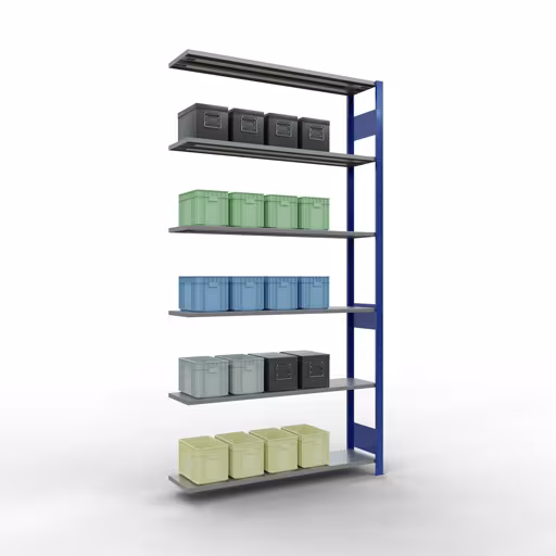 Andere Ansicht des Artikels Anbauregal, Fachbodenregal Stecksystem MULTIplus150, 2500 x 1300 x 300 mm (HxBxT), 6 Fachböden, Längenriegel, RAL 5010 enzianblau/verzinkt aus der Kategorie Anbauregal