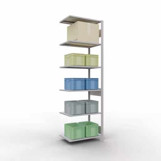 Anbauregal, Fachbodenregal Stecksystem MULTIplus150, 2500 x 750 x 500 mm (HxBxT), 6 Fachböden, Längenriegel, RAL 7035 lichtgrau von Schulte Lagertechnik mit der Artikelnr. 32656-75-LR