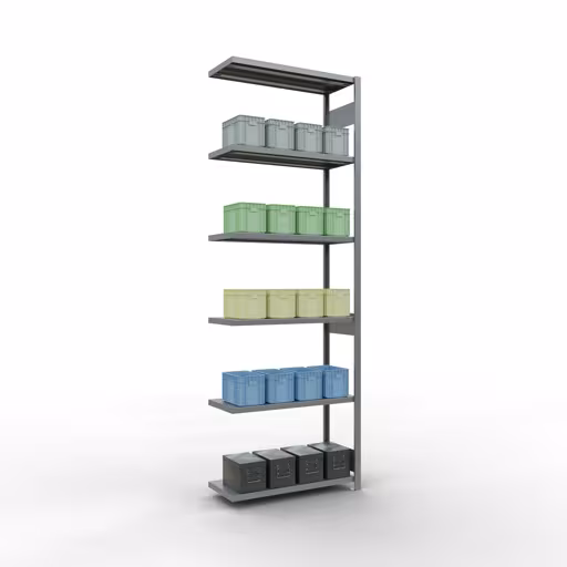 Produktbild Nr.15 des Artikels Anbauregal, Fachbodenregal Stecksystem MULTIplus250, 3000 x 1000 x 400 mm (HxBxT), 7 Fachböden, Längenriegel, verzinkt aus der Produktreihe Stecksystem von der Marke Schulte Lagertechnik