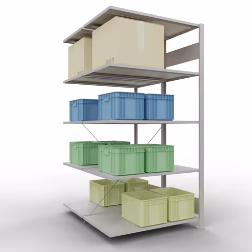 Produktbild Nr.14 des Artikels Anbauregal, Doppelregal, Fachbodenregal Stecksystem MULTIplus150, 2000 x 1000 x (2x600) mm (HxBxT), 2x5 Fachböden, Kreuzstrebe, RAL 7035 lichtgrau aus der Produktreihe Fachbodenregale von der Marke Schulte Lagertechnik