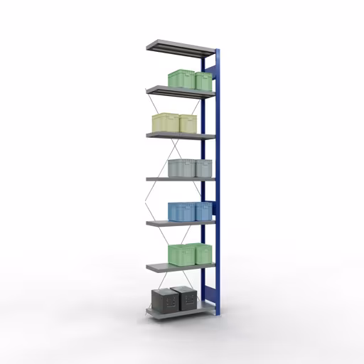 Anbauregal, Fachbodenregal Stecksystem MULTIplus250, 3000 x 750 x 300 mm (HxBxT), 7 Fachböden, Kreuzstrebe, RAL 5010 enzianblau/verzinkt/verzinkt von der Marke Schulte Lagertechnik aus der Produktreihe Stecksystem