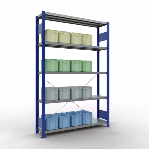 Grundregal, Fachbodenregal Stecksystem MULTIplus250, 2000 x 1300 x 300 mm (HxBxT), 5 Fachböden, Kreuzstrebe, RAL 5010 enzianblau/verzinkt von der Marke Schulte Lagertechnik aus der Produktreihe Stecksystem