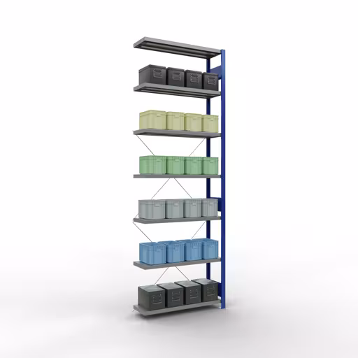 Produktbild Nr.14 des Artikels Anbauregal, Fachbodenregal Stecksystem MULTIplus250, 3000 x 1000 x 300 mm (HxBxT), 7 Fachböden, Kreuzstrebe, RAL 5010 enzianblau/verzinkt aus der Produktreihe Stecksystem von der Marke Schulte Lagertechnik