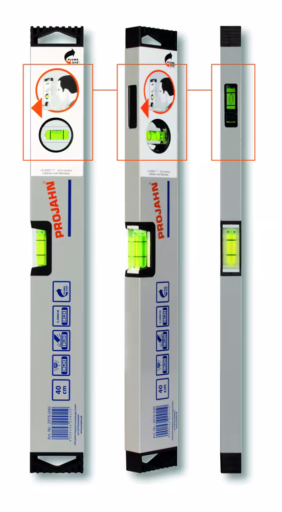 Wasserwaage mit Vertikal-Spiegel-Libelle und Magneten 30 cm Ausführung Variante: Wasserwaage Plus 30cm mit Magnet mit der GTIN 4000146025567 Wasserwaage Plus 30cm mit Magnet von PROJAHN mit der Artikelnr. 2976-031