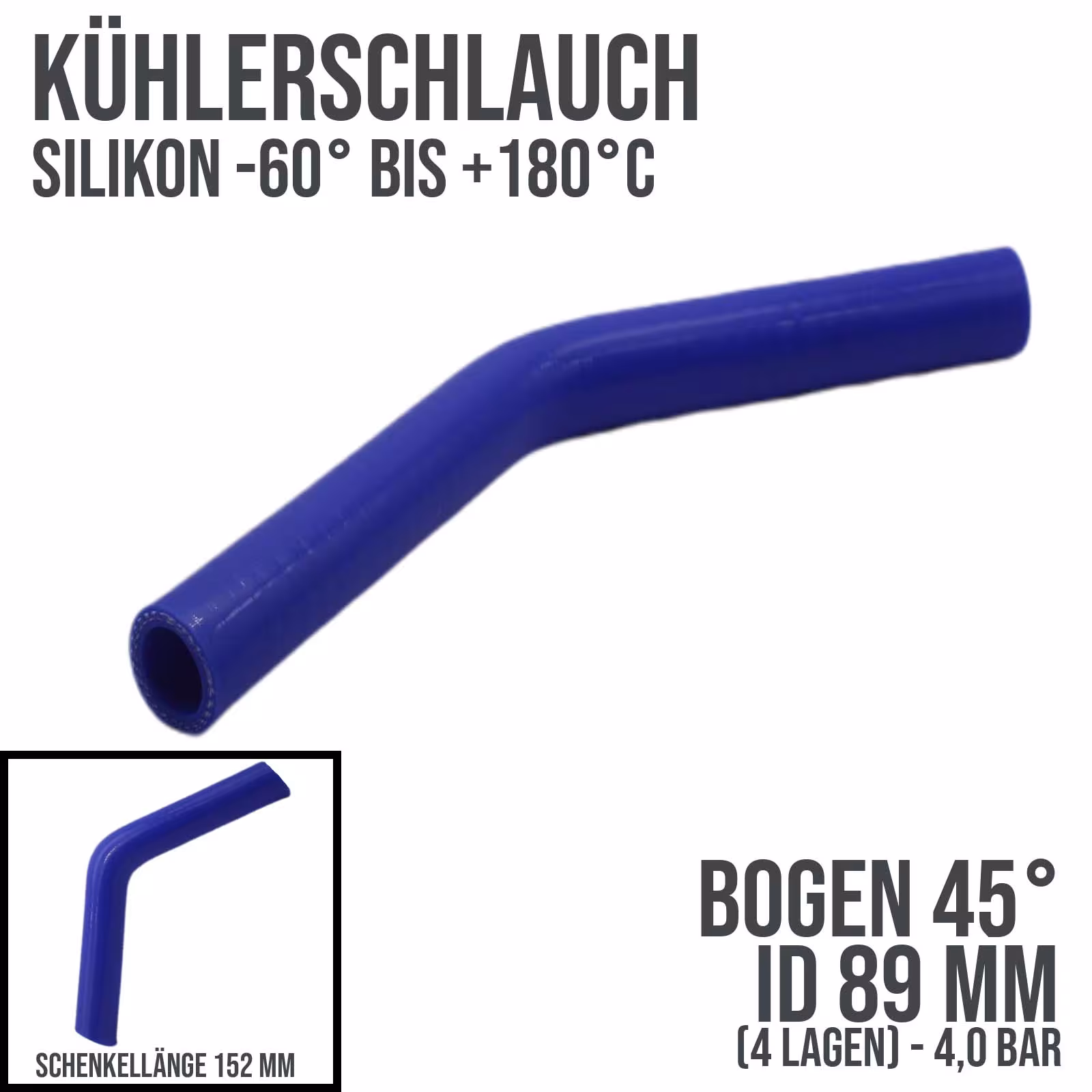 89 x 99 mm Kühlerschlauch Silikon Bogen 45° LLK Ladeluft Kühlmittel Schlauch blau (4,0 bar) - 152 mm aus der Kategorie Kühlwasserschläuche mit der Artikelnummer KSB089-045-152GA
