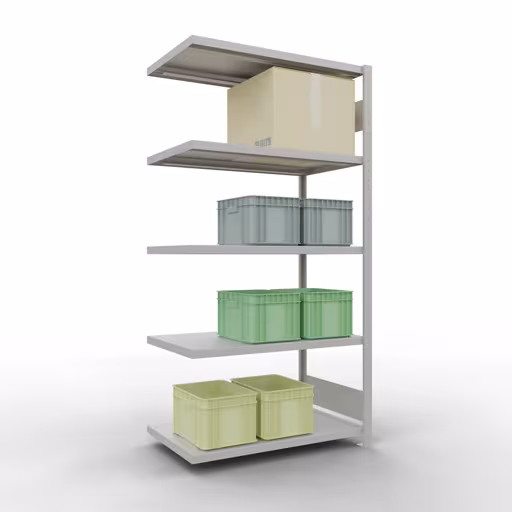 Abbildung Nr 9 des Artikels Anbauregal, Fachbodenregal Stecksystem MULTIplus330, 2000 x 1000 x 600 mm (HxBxT), 5 Fachböden, Längenriegel, RAL 7035 lichtgrau aus der Produktgruppe Stecksystem von der Marke Schulte Lagertechnik