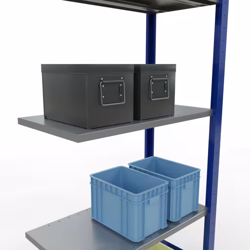 Produktbild Nr.12 des Artikels Anbauregal, Fachbodenregal Stecksystem MULTIplus150, 2000 x 750 x 400 mm (HxBxT), 5 Fachböden, Längenriegel, RAL 5010 enzianblau/verzinkt/verzinkt aus der Produktreihe Stecksystem von der Marke Schulte Lagertechnik