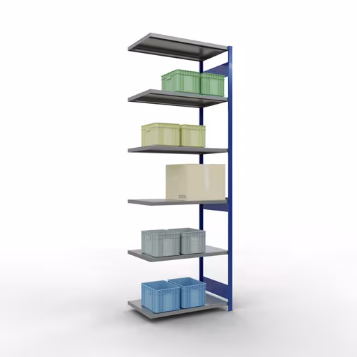 Abbildung Nr 14 des Artikels Anbauregal, Fachbodenregal Stecksystem MULTIplus250, 3000 x 1000 x 600 mm (HxBxT), 7 Fachböden, Längenriegel, RAL 5010 enzianblau/verzinkt aus der Produktgruppe Stecksystem von der Marke Schulte Lagertechnik