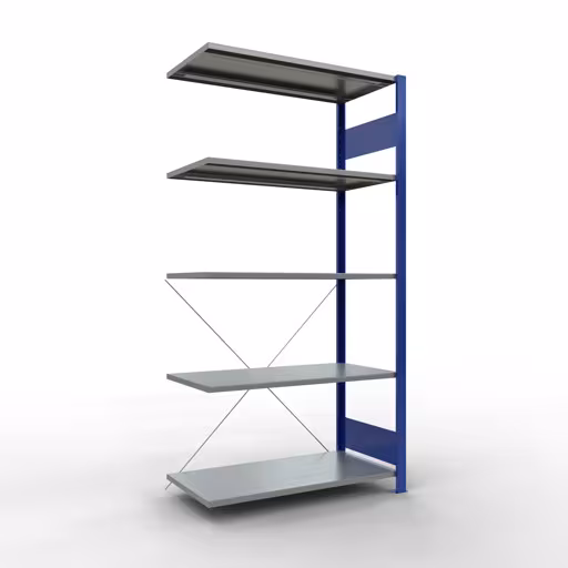 Anbauregal, Fachbodenregal Stecksystem MULTIplus150, 2000 x 1000 x 500 mm (HxBxT), 5 Fachböden, Kreuzstrebe, RAL 5010/verzinkt aus der Kategorie Anbauregal mit der Artikelnummer 12655-B