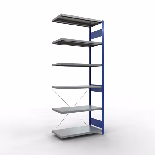 Anbauregal, Fachbodenregal Stecksystem MULTIplus330, 2500 x 1000 x 500 mm (HxBxT), 6 Fachböden, Kreuzstrebe, RAL 5010 enzianblau/verzinkt aus der Kategorie Anbauregal mit der Artikelnummer 13956-B