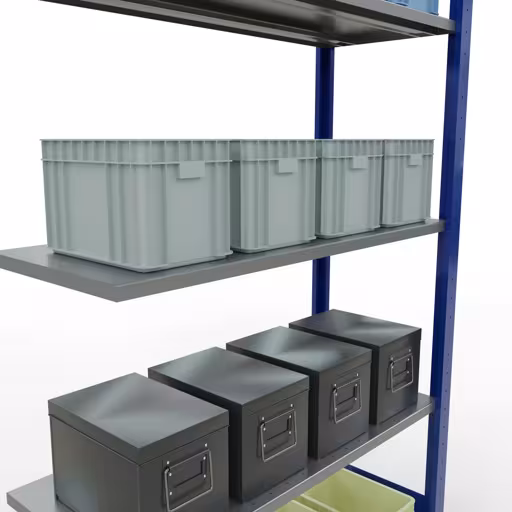 Produktbild Nr.13 des Artikels Anbauregal, Fachbodenregal Stecksystem MULTIplus150, 2000 x 1000 x 400 mm (HxBxT), 5 Fachböden, Längenriegel, RAL 5010 enzianblau/verzinkt aus der Produktreihe Stecksystem von der Marke Schulte Lagertechnik