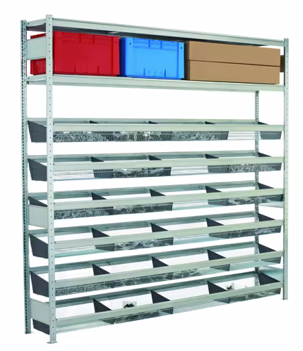 Anbauregal, Weitspannregal WS 2000 mit Gitterkörben 2000 x 2500 x 400 mm (HxBxT), verzinkt aus der Kategorie WS2000 für Fachlasten bis 400kg mit der Artikelnummer 15290