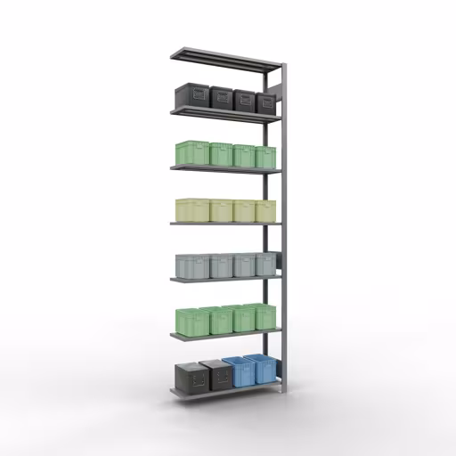 Produktbild Nr.15 des Artikels Anbauregal, Fachbodenregal Stecksystem MULTIplus150, 3000 x 1000 x 300 mm (HxBxT), 7 Fachböden, Längenriegel, verzinkt aus der Produktreihe Stecksystem von der Marke Schulte Lagertechnik