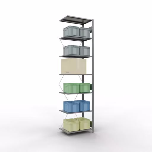 Anbauregal, Fachbodenregal Stecksystem MULTIplus150, 3000 x 750 x 500 mm (HxBxT), 7 Fachböden, Kreuzstrebe, verzinkt von Schulte Lagertechnik mit der Artikelnr. 12757-75