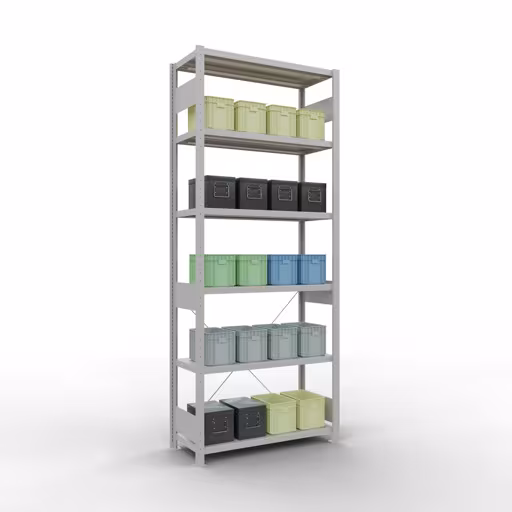 Produktbild Nr 13 des Artikels Grundregal, Fachbodenregal Stecksystem MULTIplus330, 2500 x 1000 x 400 mm (HxBxT), 6 Fachböden, Kreuzstrebe, RAL 7035 lichtgrau Abbildung Nr 13 des Artikels Grundregal, Fachbodenregal Stecksystem MULTIplus330, 2500 x 1000 x 400 mm (HxBxT), 6 Fachböden, Kreuzstrebe, RAL 7035 lichtgrau aus der Produktgruppe Stecksystem von der Marke Schulte Lagertechnik