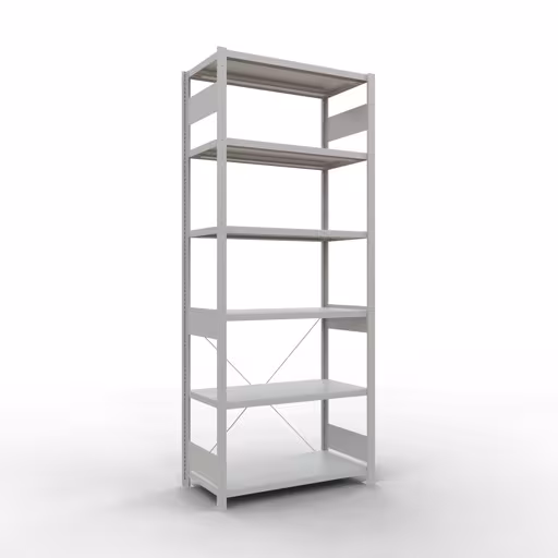 Grundregal, Fachbodenregal Stecksystem MULTIplus250, 2500 x 1000 x 500 mm (HxBxT), 6 Fachböden, Kreuzstrebe, RAL 7035 lichtgrau aus der Kategorie Grundregal mit der Artikelnummer 32851