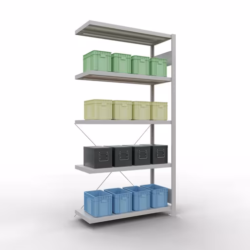 Abbildung Nr 12 des Artikels Anbauregal, Fachbodenregal Stecksystem MULTIplus330, 2000 x 1000 x 400 mm (HxBxT), 5 Fachböden, Kreuzstrebe, RAL 7035 lichtgrau aus der Produktgruppe Stecksystem von der Marke Schulte Lagertechnik