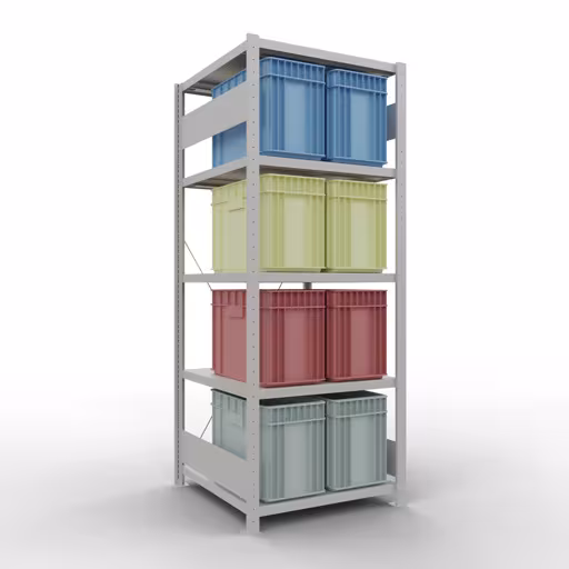 Grundregal, Fachbodenregal Stecksystem MULTIplus250, 2000 x 750 x 800 mm (HxBxT), 5 Fachböden, Kreuzstrebe, RAL 7035 lichtgrau von Schulte Lagertechnik mit der Artikelnr. 32880-75