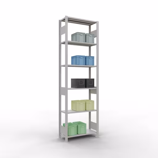 Grundregal, Fachbodenregal Stecksystem MULTIplus150, 2500 x 750 x 300 mm (HxBxT), 6 Fachböden, Längenriegel, RAL 7035 lichtgrau von der Marke Schulte Lagertechnik aus der Produktreihe Stecksystem