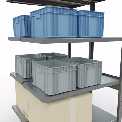 Produktbild Nr.8 des Artikels Anbauregal, Doppelregal, Fachbodenregal Stecksystem MULTIplus250, 2500 x 1000 x (2x500) mm (HxBxT), 2x6 Fachböden, Kreuzstrebe, verzinkt aus der Produktreihe Fachbodenregale von der Marke Schulte Lagertechnik