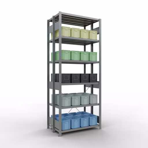 Andere Ansicht des Artikels Grundregal, Doppelregal, Fachbodenregal Stecksystem MULTIplus250, 2500 x 1000 x (2x300) mm (HxBxT), 2x6 Fachböden, Kreuzstrebe, verzinkt aus der Kategorie Fachbodenregale