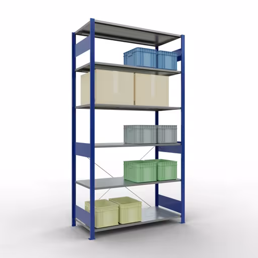 Grundregal, Fachbodenregal Stecksystem MULTIplus150, 2500 x 1300 x 600 mm (HxBxT), 6 Fachböden, Kreuzstrebe, RAL 5010 enzianblau/verzinkt von Schulte Lagertechnik mit der Artikelnr. 12761-130-B