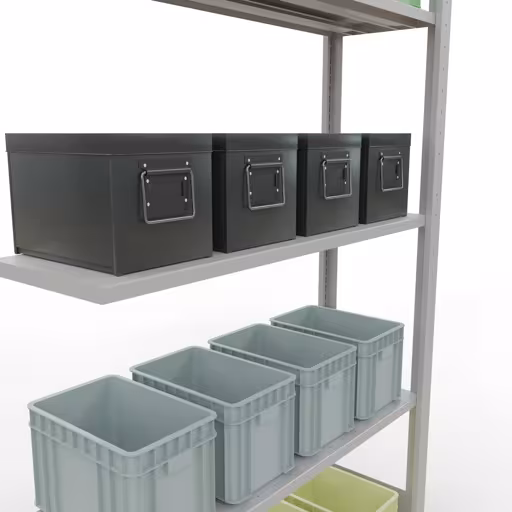 Zusatzbild des Artikels Anbauregal, Fachbodenregal Stecksystem MULTIplus85, 2000 x 1000 x 300 mm (HxBxT), 5 Fachböden, Längenriegel, RAL 7035 lichtgrau aus Anbauregal