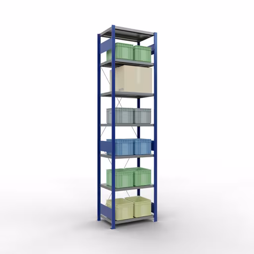 Grundregal, Fachbodenregal Stecksystem MULTIplus250, 3000 x 750 x 500 mm (HxBxT), 7 Fachböden, Kreuzstrebe, RAL 5010 enzianblau/verzinkt/verzinkt aus der Kategorie Grundregal mit der GTIN 4004514283177 Grundregal, Fachbodenregal Stecksystem MULTIplus250, 3000 x 750 x 500 mm (HxBxT), 7 Fachböden, Kreuzstrebe, RAL 5010 enzianblau/verzinkt/verzinkt von der Marke Schulte Lagertechnik aus der Produktreihe Stecksystem