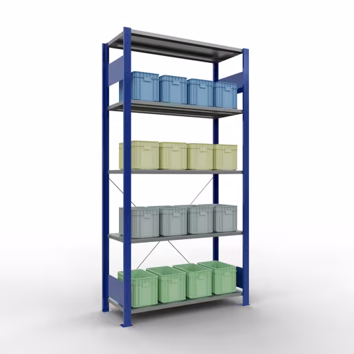 Abbildung Nr 11 des Artikels Grundregal, Fachbodenregal Stecksystem MULTIplus85, 2000 x 1000 x 400 mm (HxBxT), 5 Fachböden, Kreuzstrebe, RAL 5010 enzianblau aus der Produktgruppe Stecksystem von der Marke Schulte Lagertechnik