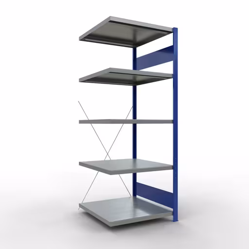 Anbauregal, Fachbodenregal Stecksystem MULTIplus250, 2000 x 750 x 800 mm (HxBxT), 5 Fachböden, Kreuzstrebe, RAL 5010 enzianblau/verzinkt/verzinkt aus der Kategorie Anbauregal mit der Artikelnummer 12985-75-B