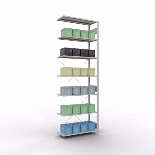 Anbauregal, Fachbodenregal Stecksystem MULTIplus150, 3000 x 1000 x 400 mm (HxBxT), 7 Fachböden, Kreuzstrebe, RAL 7035 lichtgrau von der Marke Schulte Lagertechnik aus der Produktreihe Stecksystem