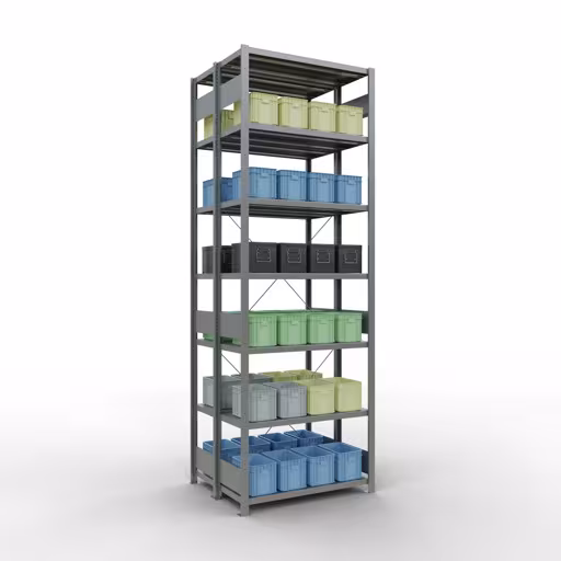 Grundregal, Doppelregal, Fachbodenregal Stecksystem MULTIplus250, 3000 x 1000 x (2x400) mm (HxBxT), 2x7 Fachböden, Kreuzstrebe, verzinkt mit der Artikelnr. 14242-G Grundregal, Doppelregal, Fachbodenregal Stecksystem MULTIplus250, 3000 x 1000 x (2x400) mm (HxBxT), 2x7 Fachböden, Kreuzstrebe, verzinkt von Schulte Lagertechnik aus der Kategorie Fachbodenregale