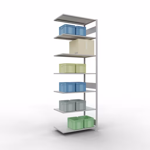 Abbildung Nr 15 des Artikels Anbauregal, Fachbodenregal Stecksystem MULTIplus85, 3000 x 1000 x 600 mm (HxBxT), 7 Fachböden, Längenriegel, RAL 7035 lichtgrau aus der Produktgruppe Stecksystem von der Marke Schulte Lagertechnik