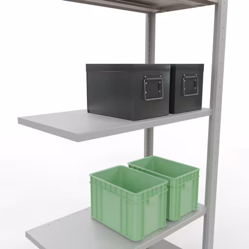 Anbauregal, Fachbodenregal Stecksystem MULTIplus150, 2000 x 750 x 400 mm (HxBxT), 5 Fachböden, Längenriegel, RAL 7035 lichtgrau mit der GTIN 4004514292872 Anbauregal, Fachbodenregal Stecksystem MULTIplus150, 2000 x 750 x 400 mm (HxBxT), 5 Fachböden, Längenriegel, RAL 7035 lichtgrau von Schulte Lagertechnik mit der Artikelnr. 32645-75-LR