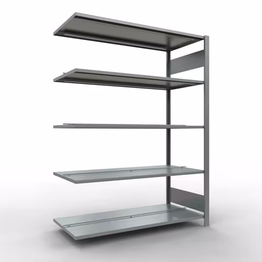 Anbauregal, Büro-Fachbodenregal Stecksystem MULTIplus150, 1800 x 1300 x 600 mm (HxBxT), 5 Fachböden, Längenriegel, verzinkt, mit Mittelanschlag aus der Kategorie Stecksystem mit der Artikelnummer 17741