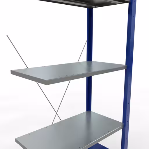 Produktbild Nr.7 des Artikels Anbauregal, Fachbodenregal Stecksystem MULTIplus150, 2000 x 750 x 400 mm (HxBxT), 5 Fachböden, Kreuzstrebe, RAL 5010 enzianblau/verzinkt/verzinkt aus der Produktreihe Stecksystem von der Marke Schulte Lagertechnik